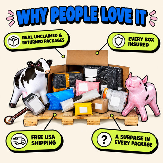 Why people love it: real unclaimed and returned packages, every box insured, free USA shipping, a surprise in every package