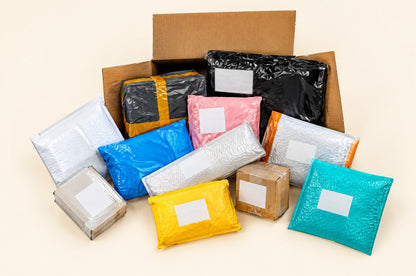 Sealed mystery parcels spilling out of an open box (illustration)