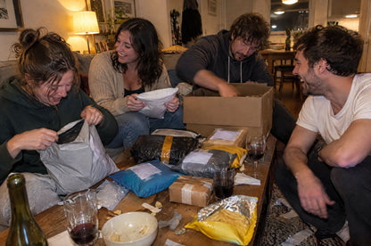 Friends opening mystery parcels at home (lifestyle illustration)