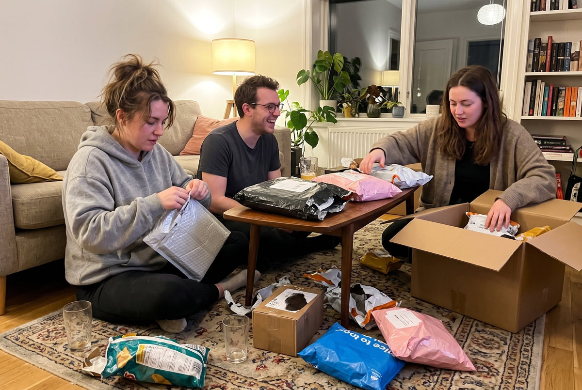 Friends opening mystery parcels at home (lifestyle illustration)