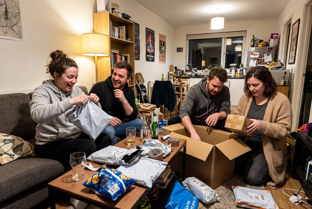 Friends opening mystery parcels at home (lifestyle illustration)