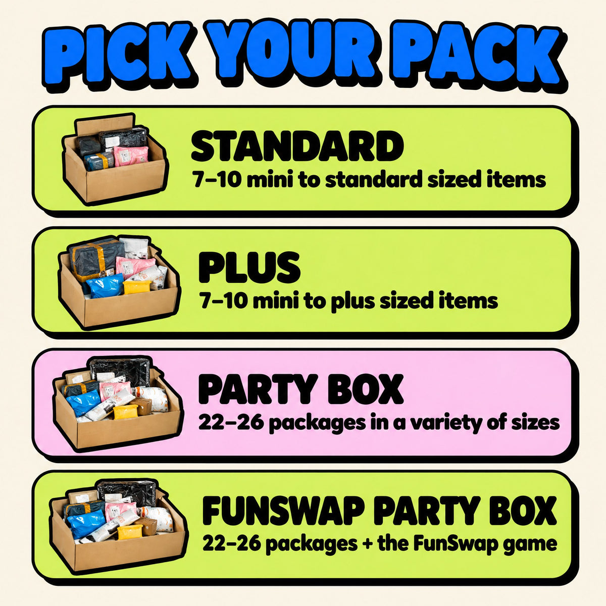 Pick your pack: Standard, Plus, Party Box, FunSwap Party Box