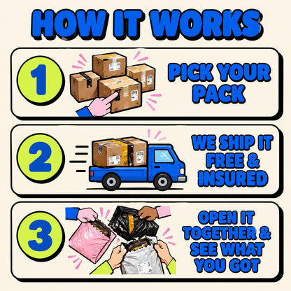 How it works: pick your pack, we ship it free and insured, open it together